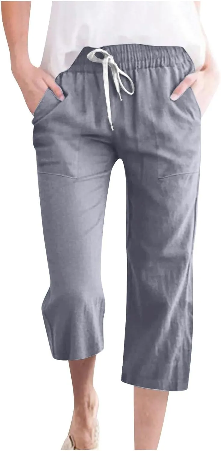 Linen Capri Pants for Women 2025 Summer Casual Elastic Waist Drawstring Pants Straight Wide Leg Cropped Trouser