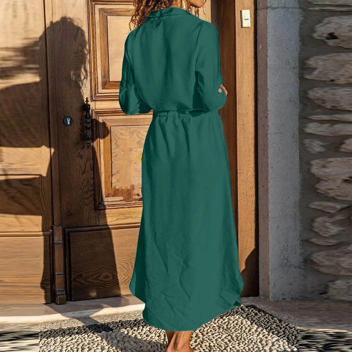 Linen Cotton Shirt Dresses for Women Button Down Drawstring Casual Dress Plain Long Maxi Dress Trendy Ladies Outfits