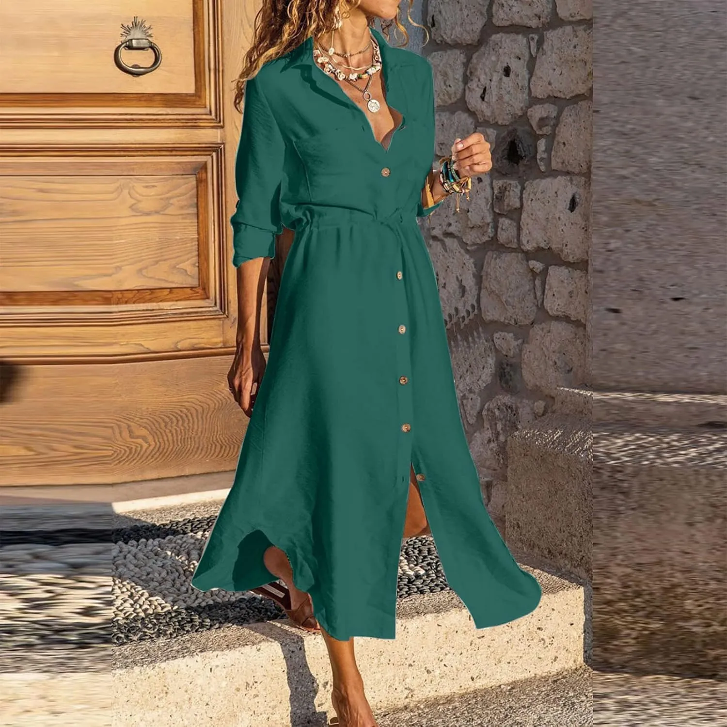 Linen Cotton Shirt Dresses for Women Button Down Drawstring Casual Dress Plain Long Maxi Dress Trendy Ladies Outfits