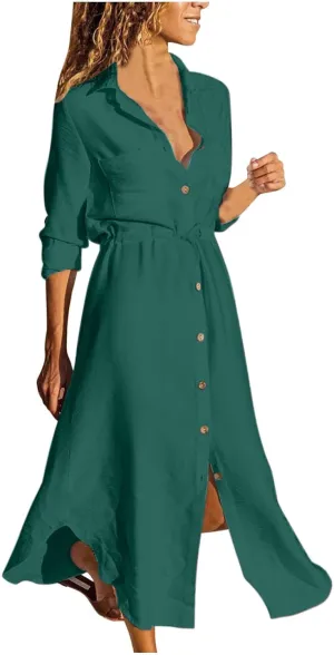Linen Cotton Shirt Dresses for Women Button Down Drawstring Casual Dress Plain Long Maxi Dress Trendy Ladies Outfits