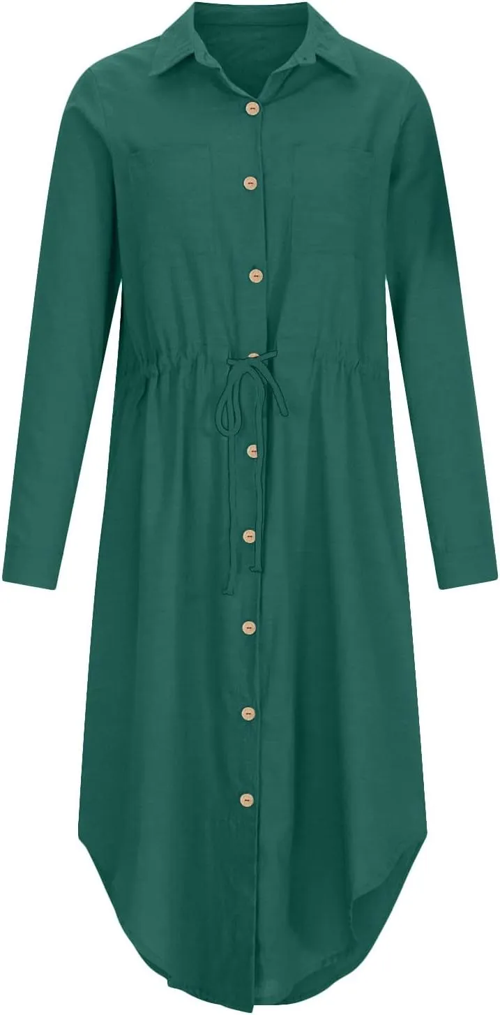 Linen Cotton Shirt Dresses for Women Button Down Drawstring Casual Dress Plain Long Maxi Dress Trendy Ladies Outfits