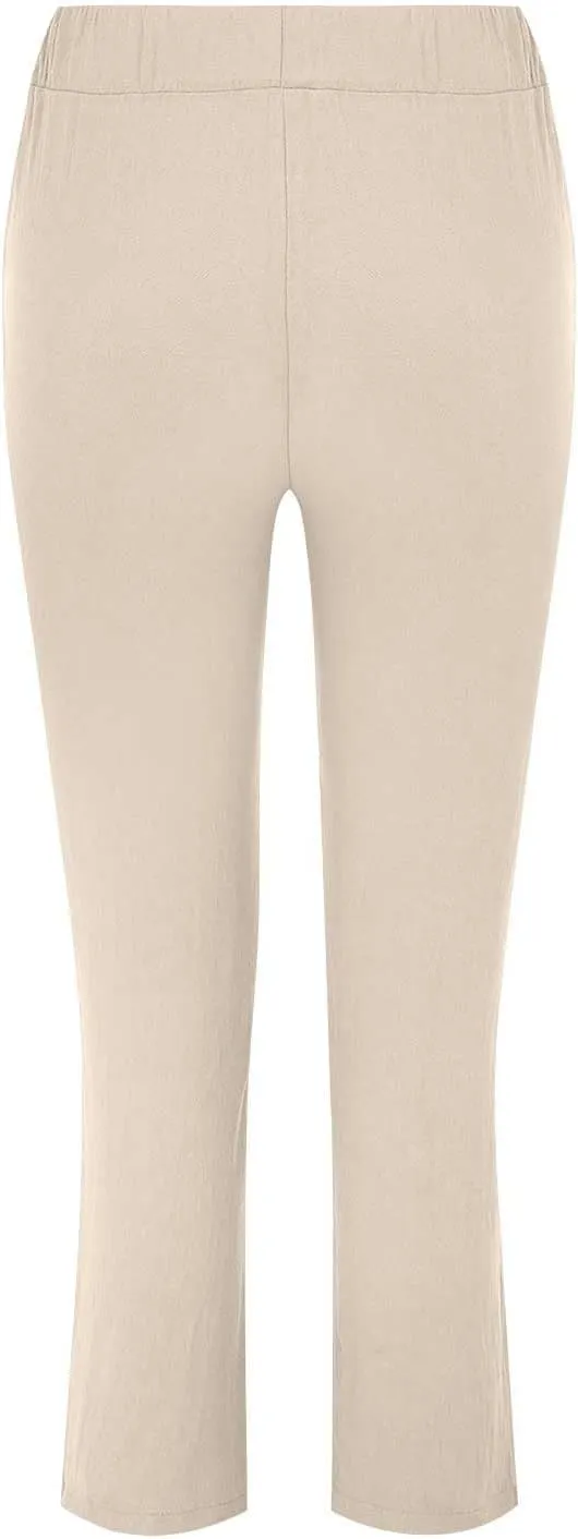Linen Pants for Women 2025 Straight Wide Leg Lounge Pants Elastic Waist Roll Up Summer Beach Trousers with Pockets