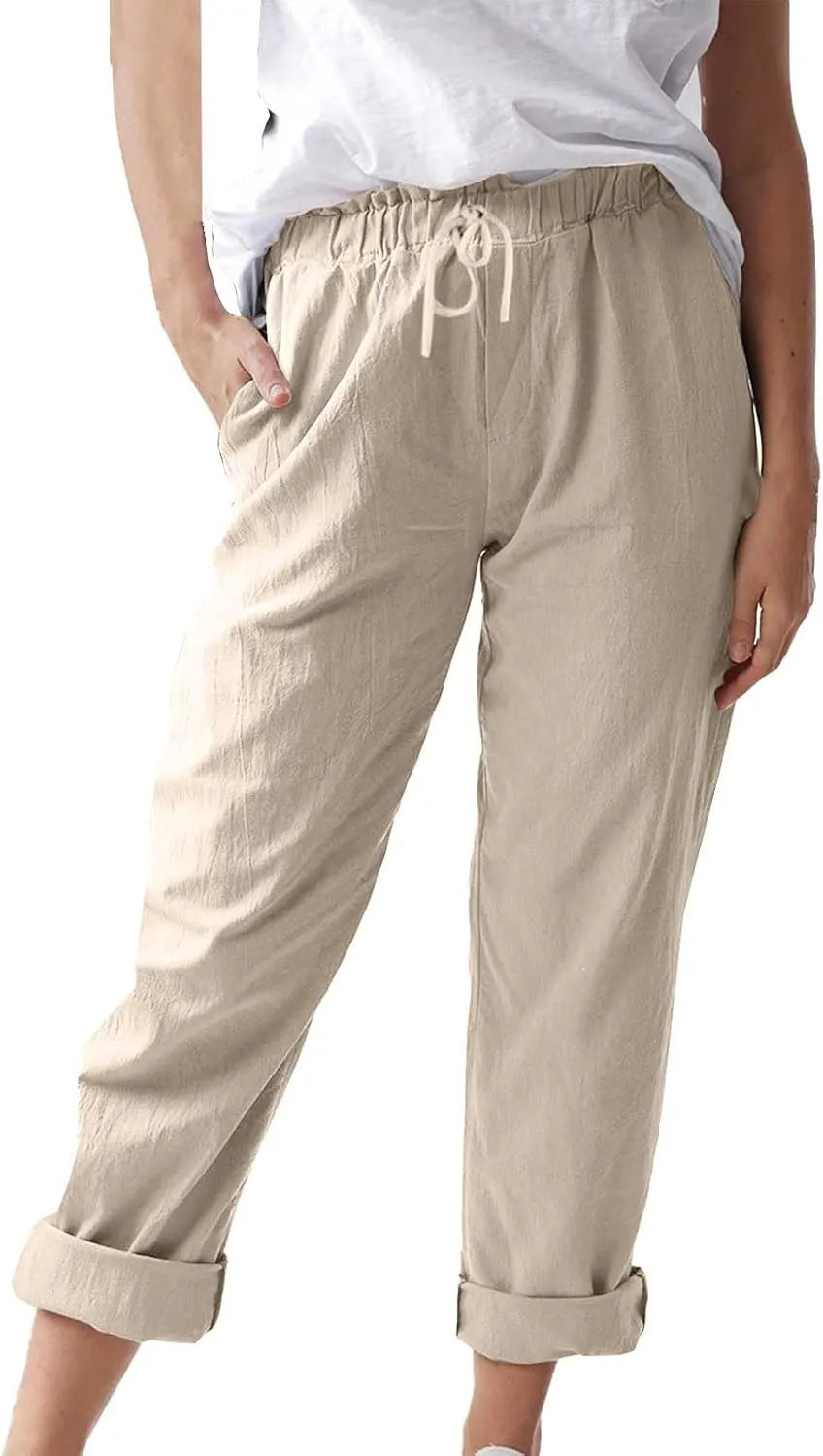 Linen Pants for Women 2025 Straight Wide Leg Lounge Pants Elastic Waist Roll Up Summer Beach Trousers with Pockets