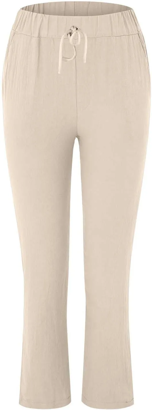 Linen Pants for Women 2025 Straight Wide Leg Lounge Pants Elastic Waist Roll Up Summer Beach Trousers with Pockets