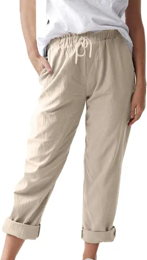 Linen Pants for Women 2025 Straight Wide Leg Lounge Pants Elastic Waist Roll Up Summer Beach Trousers with Pockets