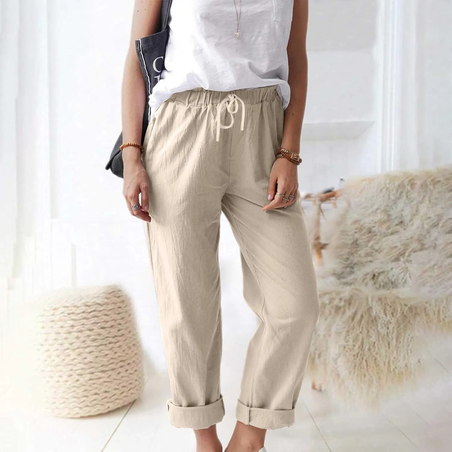 Linen Pants for Women 2025 Straight Wide Leg Lounge Pants Elastic Waist Roll Up Summer Beach Trousers with Pockets