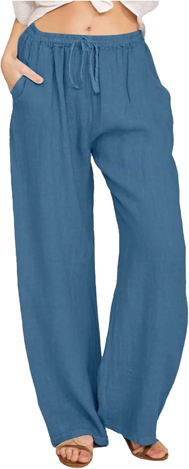 Linen Pants for Women Elastic High Waist Boho Straight Leg Lounge Pants Solid Color Lightweight Beach Trousers with Pockets