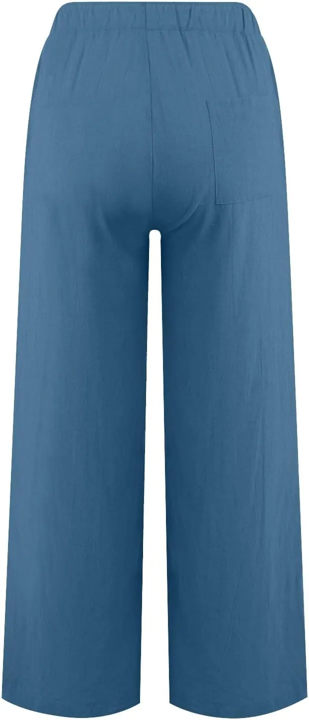 Linen Pants for Women Elastic High Waist Boho Straight Leg Lounge Pants Solid Color Lightweight Beach Trousers with Pockets