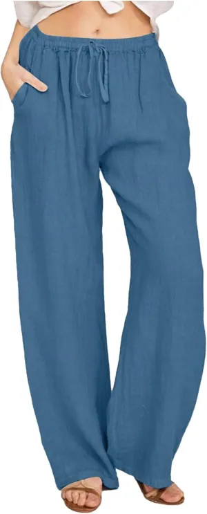 Linen Pants for Women Elastic High Waist Boho Straight Leg Lounge Pants Solid Color Lightweight Beach Trousers with Pockets