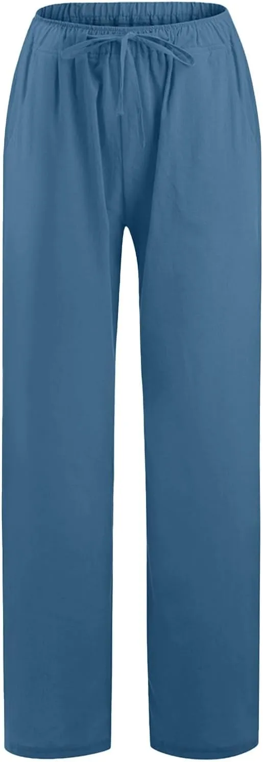 Linen Pants for Women Elastic High Waist Boho Straight Leg Lounge Pants Solid Color Lightweight Beach Trousers with Pockets