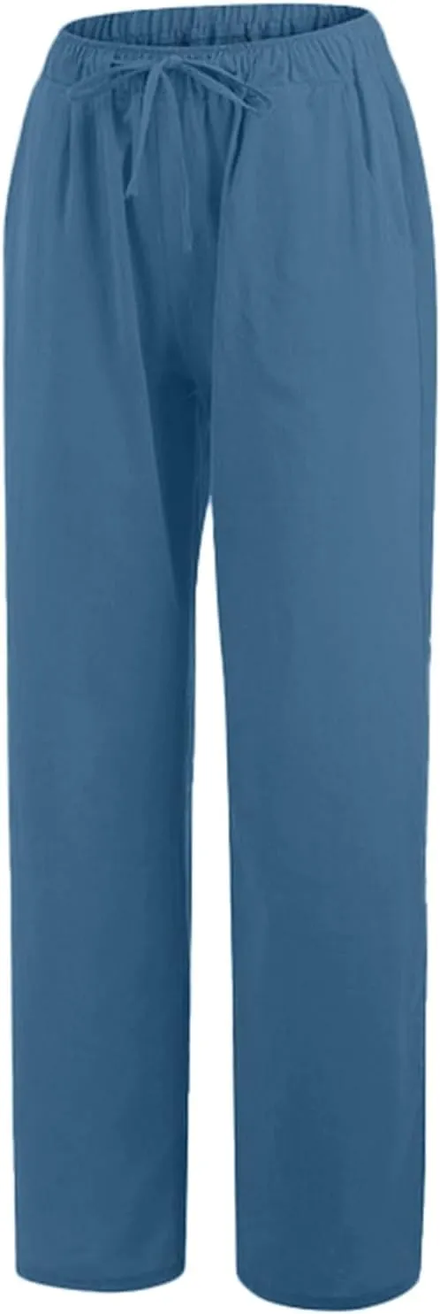 Linen Pants for Women Elastic High Waist Boho Straight Leg Lounge Pants Solid Color Lightweight Beach Trousers with Pockets
