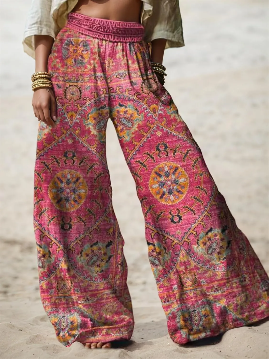 Linen Pants for Women Wide Leg High Elastic Waist Palazzo Pants Floral Summer Flowy Trousers with Pockets