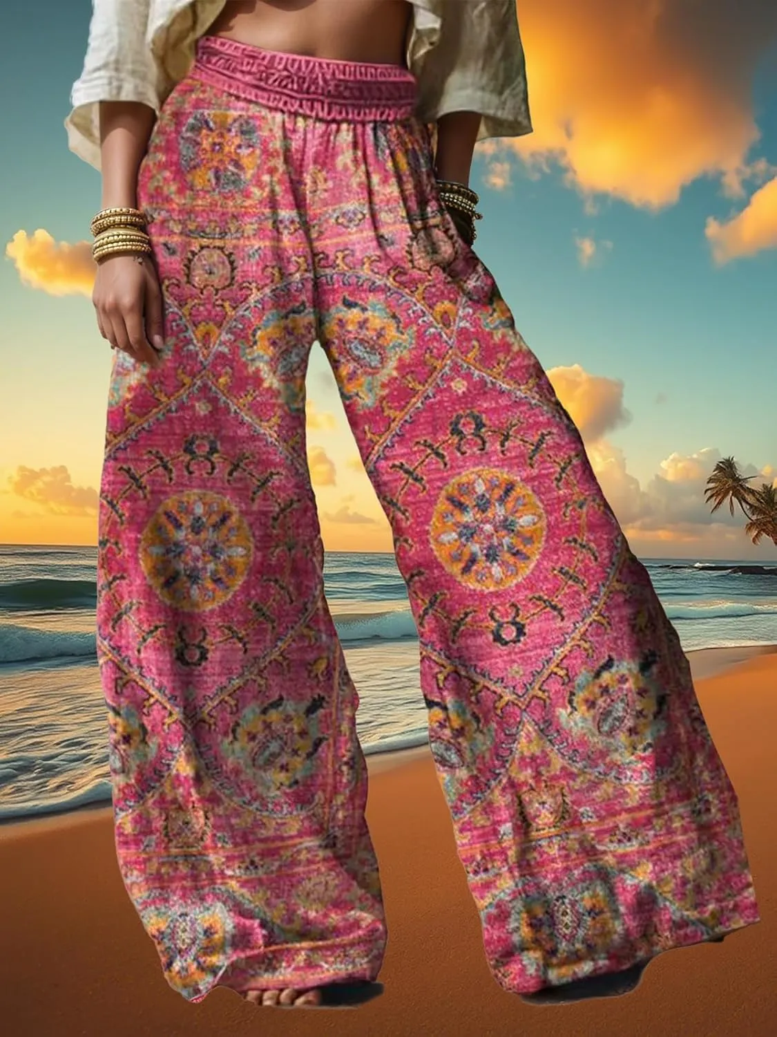 Linen Pants for Women Wide Leg High Elastic Waist Palazzo Pants Floral Summer Flowy Trousers with Pockets