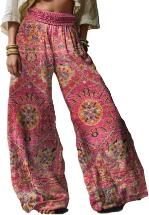 Linen Pants for Women Wide Leg High Elastic Waist Palazzo Pants Floral Summer Flowy Trousers with Pockets