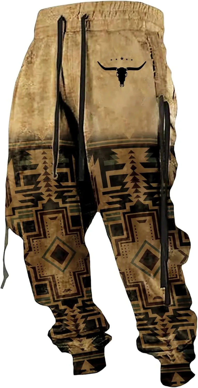 LOAIHA Native American Pants Western Athletic Pants for Men Aztec Cowboy Graphic Sweatpants Men Workout Trousers Harem Pants