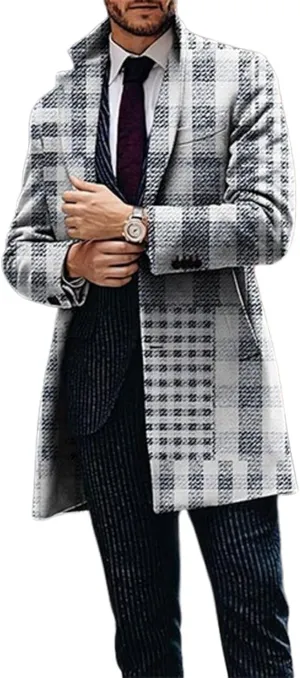 LOAIHA Plaid Trench Coat Mens Notched Collar Single Breasted Pea Coat Vintage Slim Windbreaker Office Business Trench Jacket