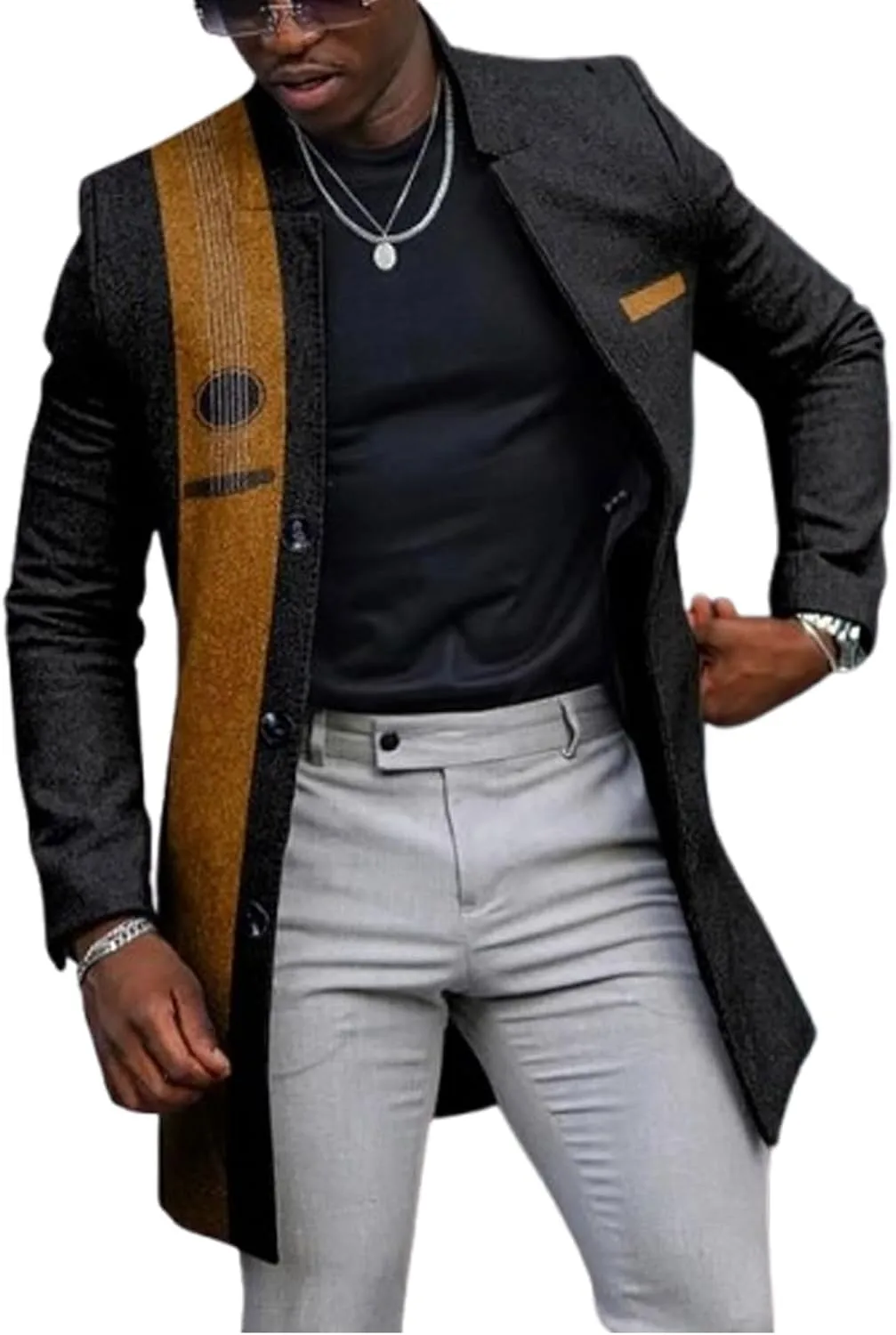 LOAIHA Plaid Trench Coat Mens Notched Collar Single Breasted Pea Coat Vintage Slim Windbreaker Office Business Trench Jacket