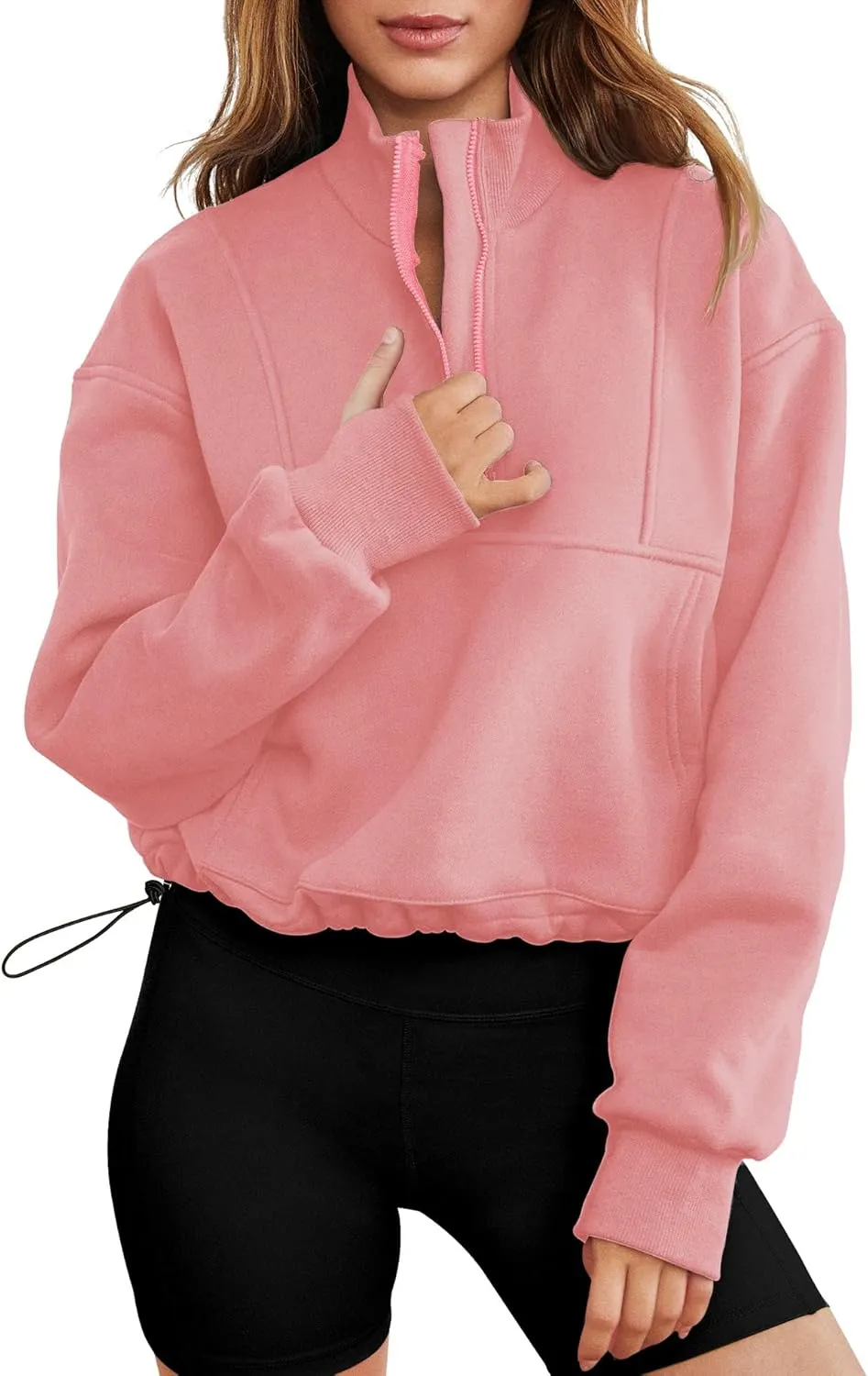 LOMON Women's Sweatshirts Fleece Lined Half Zip Pullover Long Sleeve Workout Crop Tops with Pockect and Thumb Hole