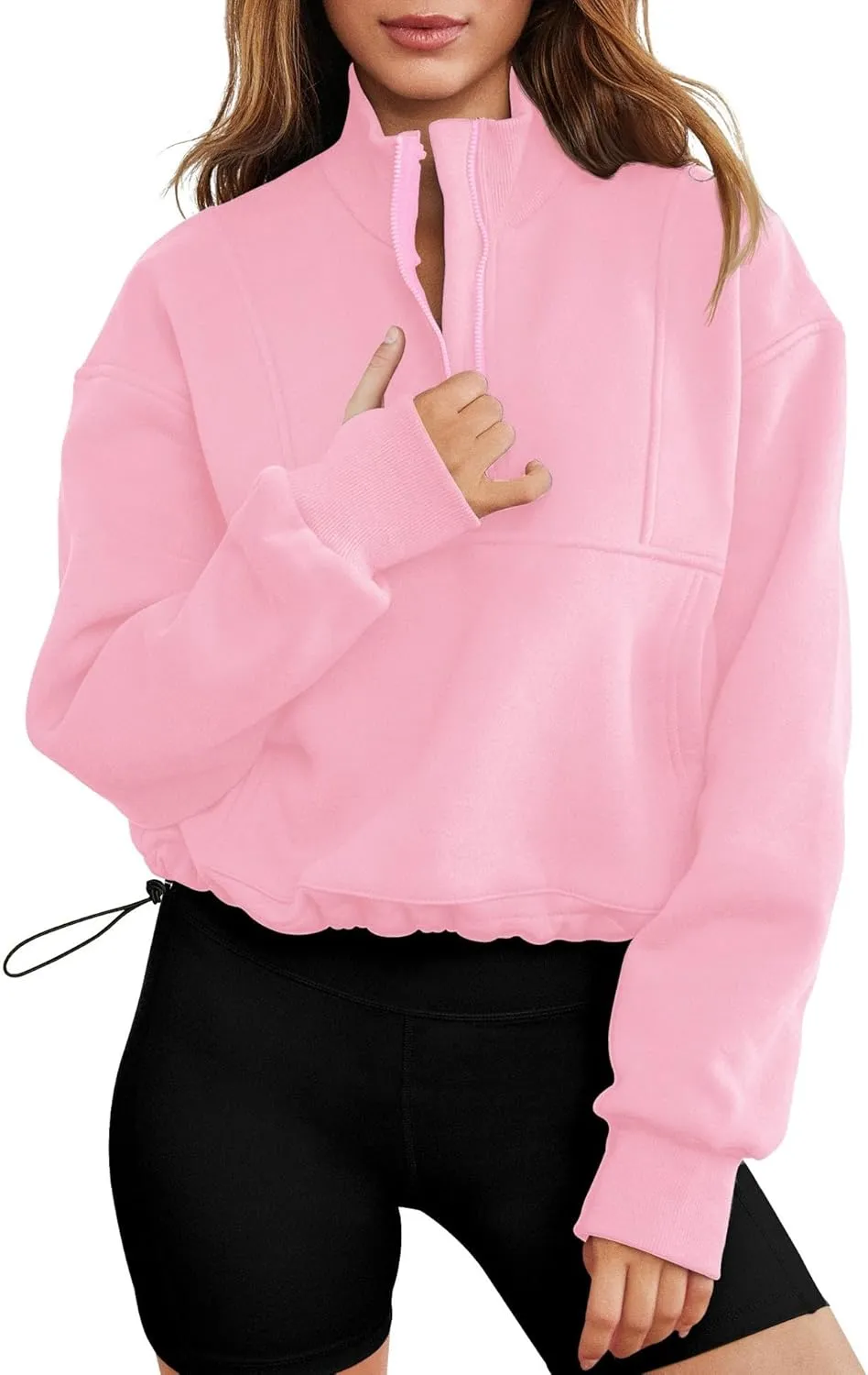 LOMON Women's Sweatshirts Fleece Lined Half Zip Pullover Long Sleeve Workout Crop Tops with Pockect and Thumb Hole