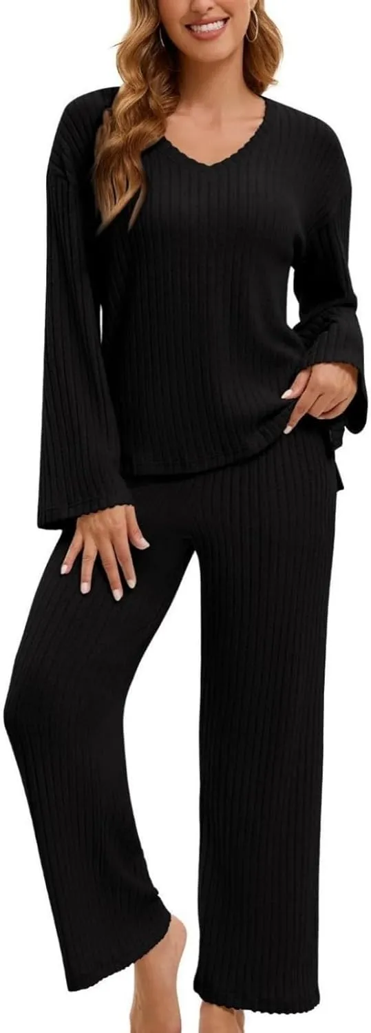 Lounge Sets for Women 2 Piece Ribbed Knit V Neck Long Sleeve Wide Leg Pants Loungewear Pajamas Fall Winter Outfits