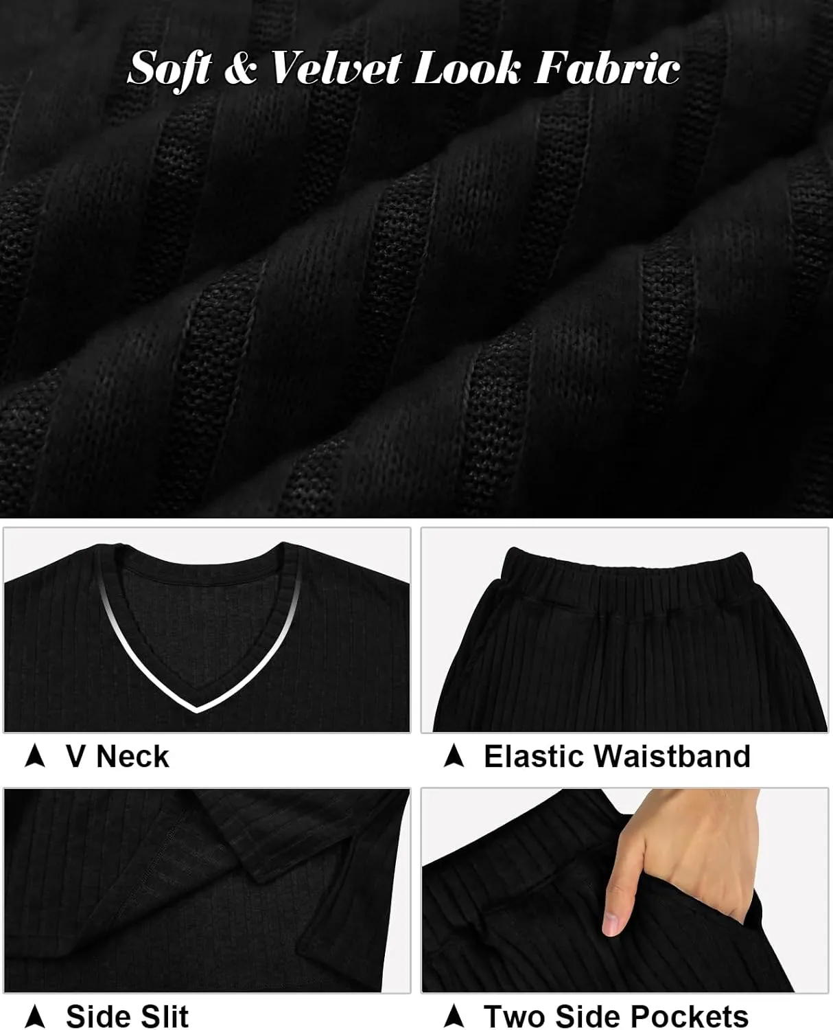 Lounge Sets for Women 2 Piece Ribbed Knit V Neck Long Sleeve Wide Leg Pants Loungewear Pajamas Fall Winter Outfits