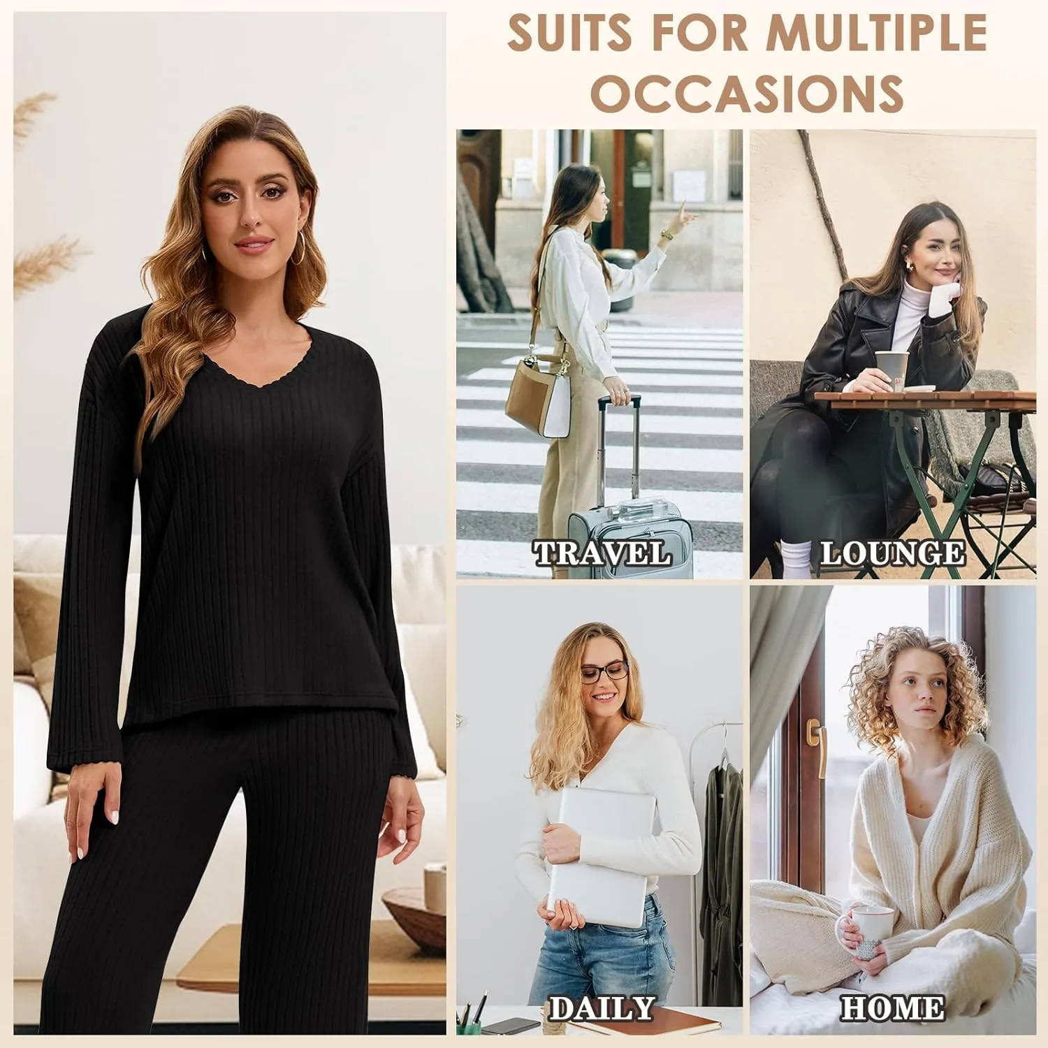 Lounge Sets for Women 2 Piece Ribbed Knit V Neck Long Sleeve Wide Leg Pants Loungewear Pajamas Fall Winter Outfits