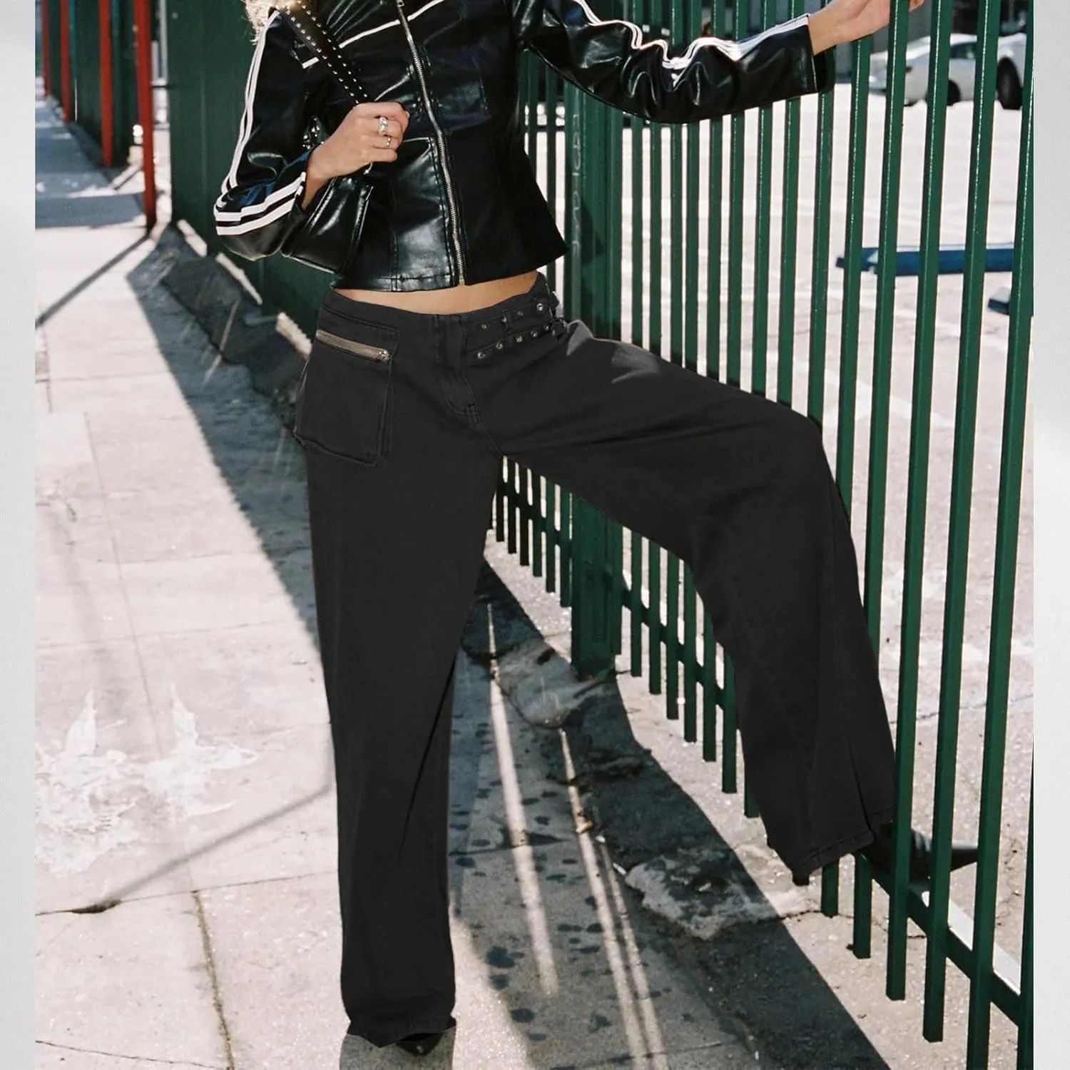 Low Rise Baggy Pants for Women Adjustable Waisted Wide Leg Denim Pants Vintage Straight Loose Jean Trousers