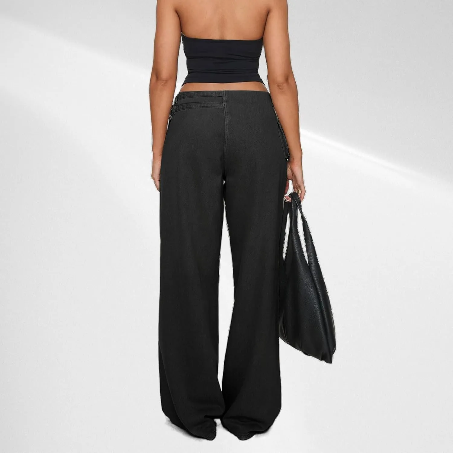 Low Rise Baggy Pants for Women Adjustable Waisted Wide Leg Denim Pants Vintage Straight Loose Jean Trousers