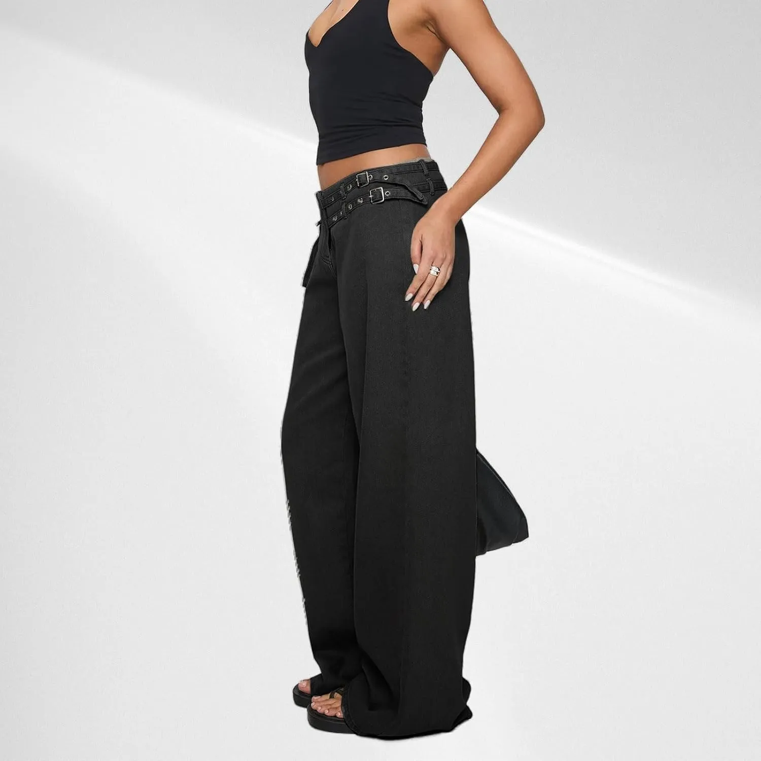 Low Rise Baggy Pants for Women Adjustable Waisted Wide Leg Denim Pants Vintage Straight Loose Jean Trousers
