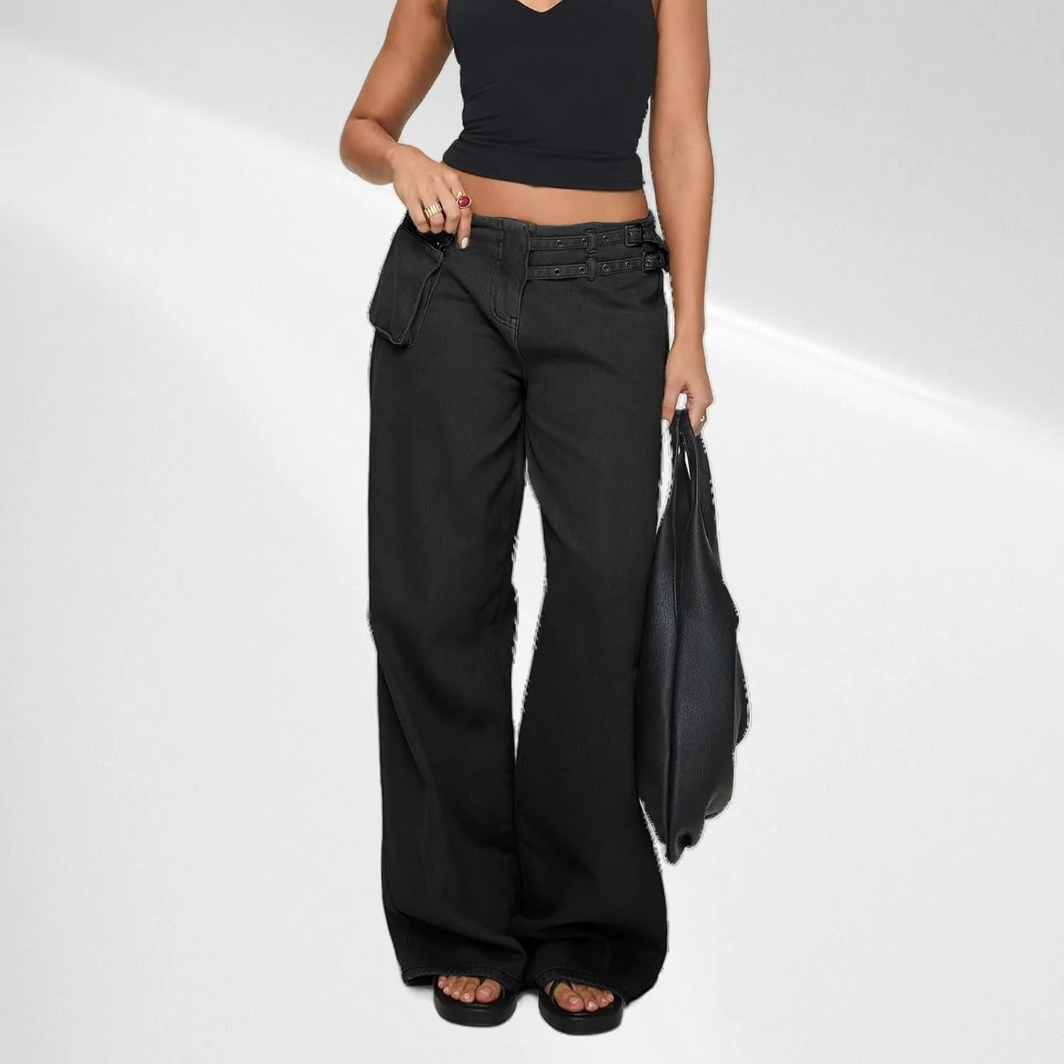 Low Rise Baggy Pants for Women Adjustable Waisted Wide Leg Denim Pants Vintage Straight Loose Jean Trousers