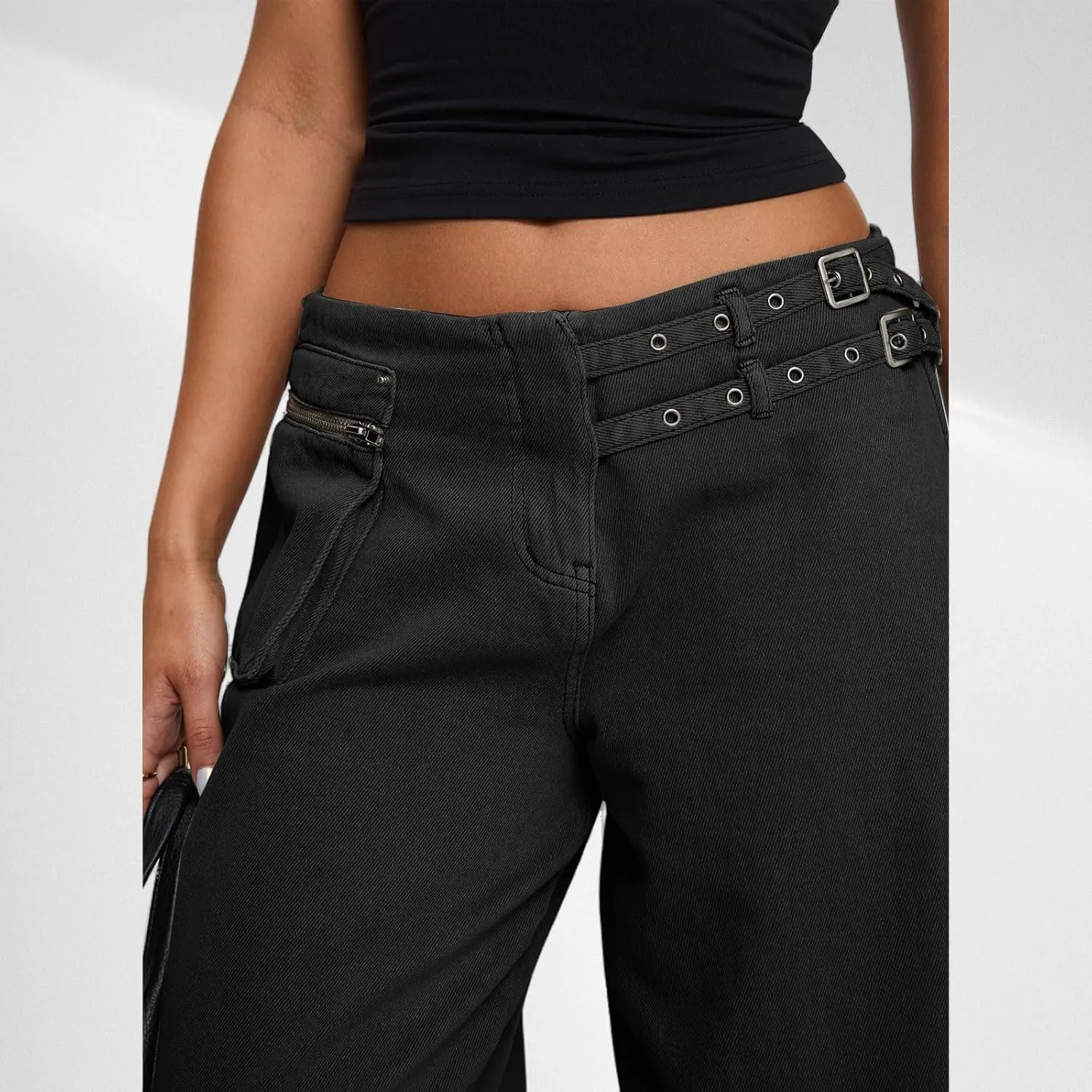 Low Rise Baggy Pants for Women Adjustable Waisted Wide Leg Denim Pants Vintage Straight Loose Jean Trousers