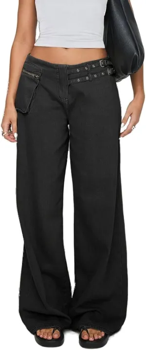 Low Rise Baggy Pants for Women Adjustable Waisted Wide Leg Denim Pants Vintage Straight Loose Jean Trousers