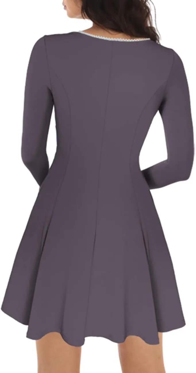 Lrady Womens Square Neck Bodice Dress Long Sleeve Flare A Line Club Party Mini Ruffle Swing Short Dresses