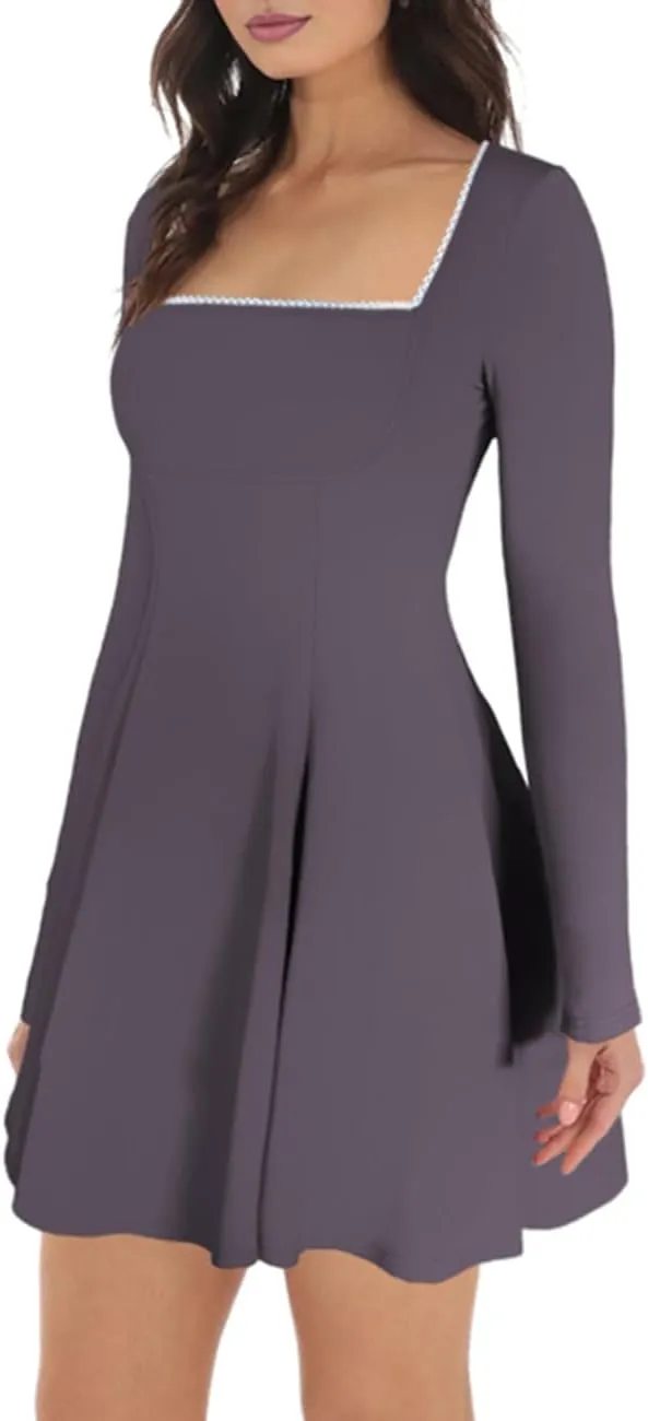 Lrady Womens Square Neck Bodice Dress Long Sleeve Flare A Line Club Party Mini Ruffle Swing Short Dresses
