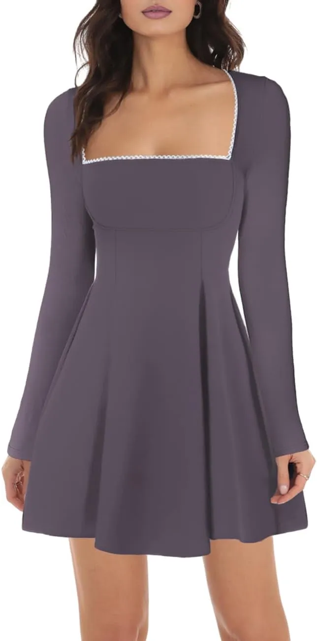 Lrady Womens Square Neck Bodice Dress Long Sleeve Flare A Line Club Party Mini Ruffle Swing Short Dresses