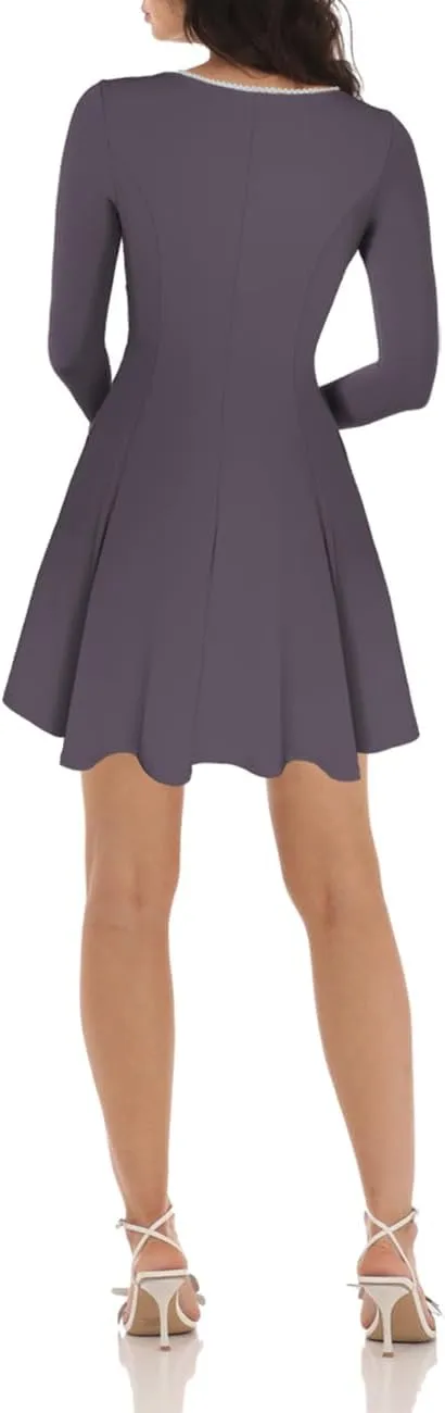 Lrady Womens Square Neck Bodice Dress Long Sleeve Flare A Line Club Party Mini Ruffle Swing Short Dresses