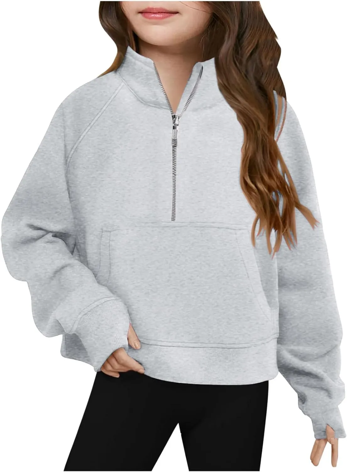 LRMQS Girls Half Zipper Sweatshirts Cute Trendy Fall Pullover Crop Tops for Teen Girls Long Sleeve Sweater Clothes Thumb Hole
