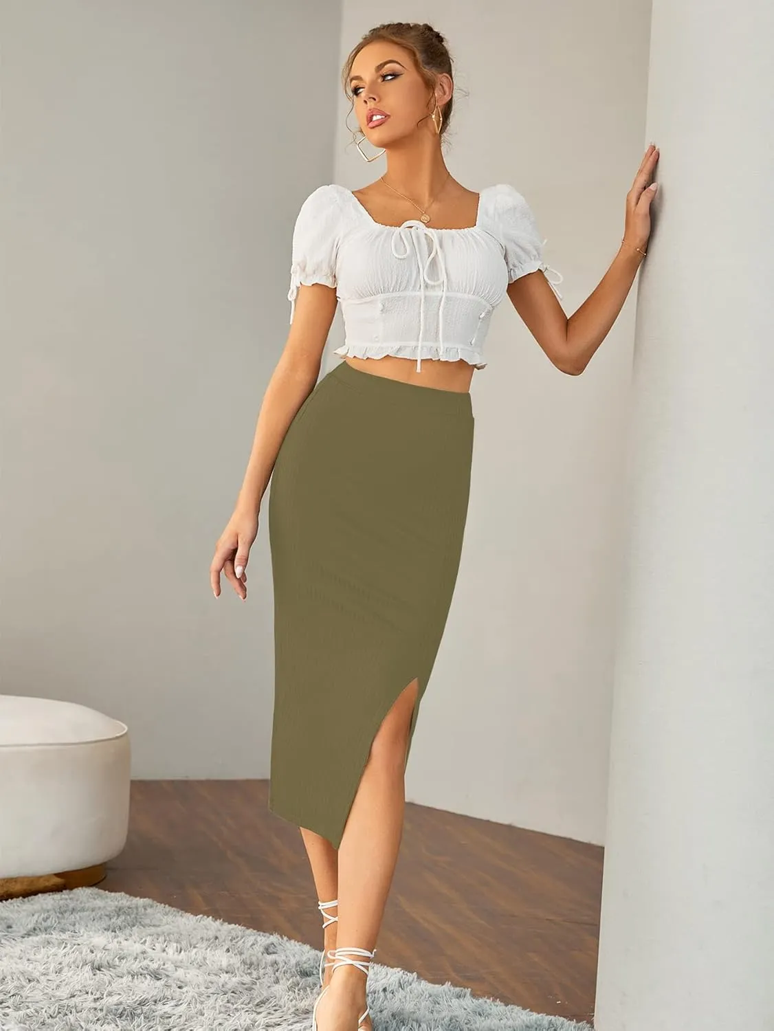 LYANER Women's High Waist Stretchy Rib Knit Split Slit Hem Midi Pencil Skirt