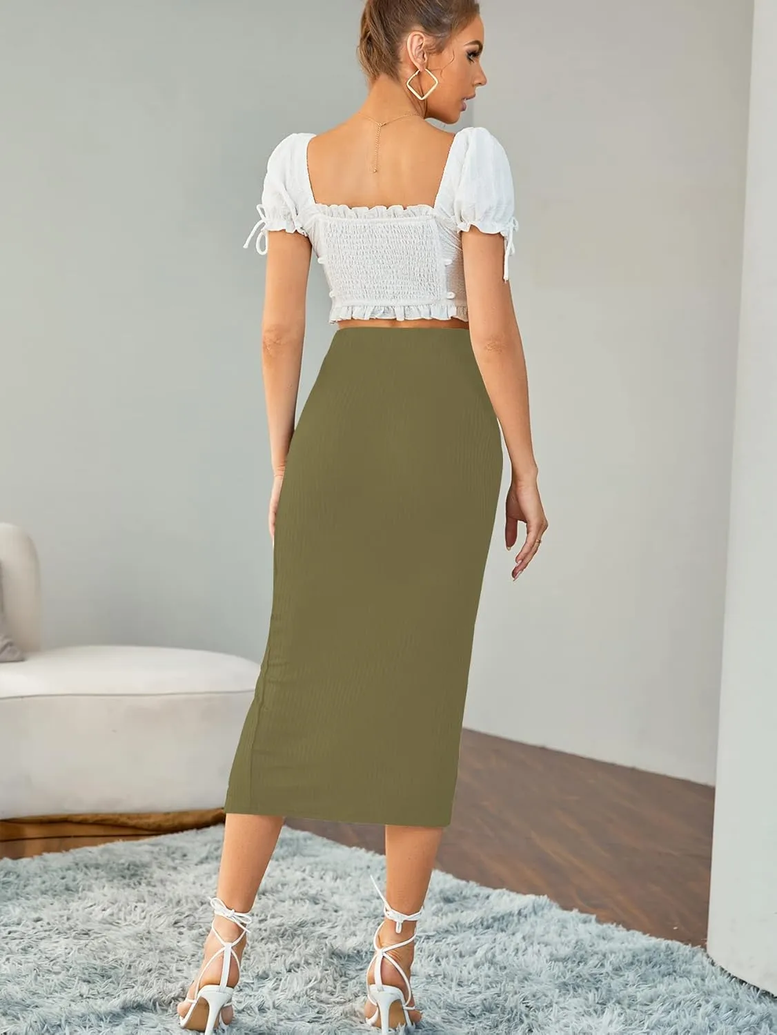 LYANER Women's High Waist Stretchy Rib Knit Split Slit Hem Midi Pencil Skirt