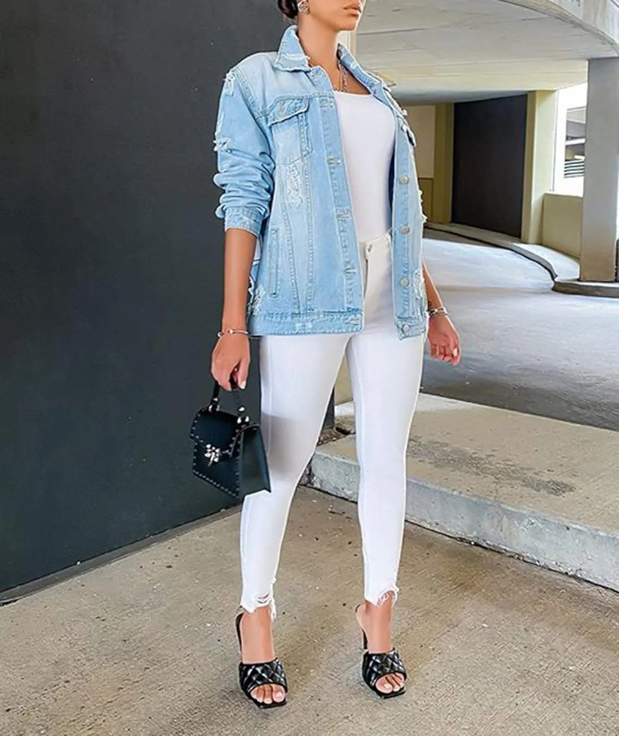 MACCHIASHINE Women's Letter Patchwork Long Sleeve Ripped Jean Jacket Sexy V Neck Loose Printed Distressed Denim Outfits
