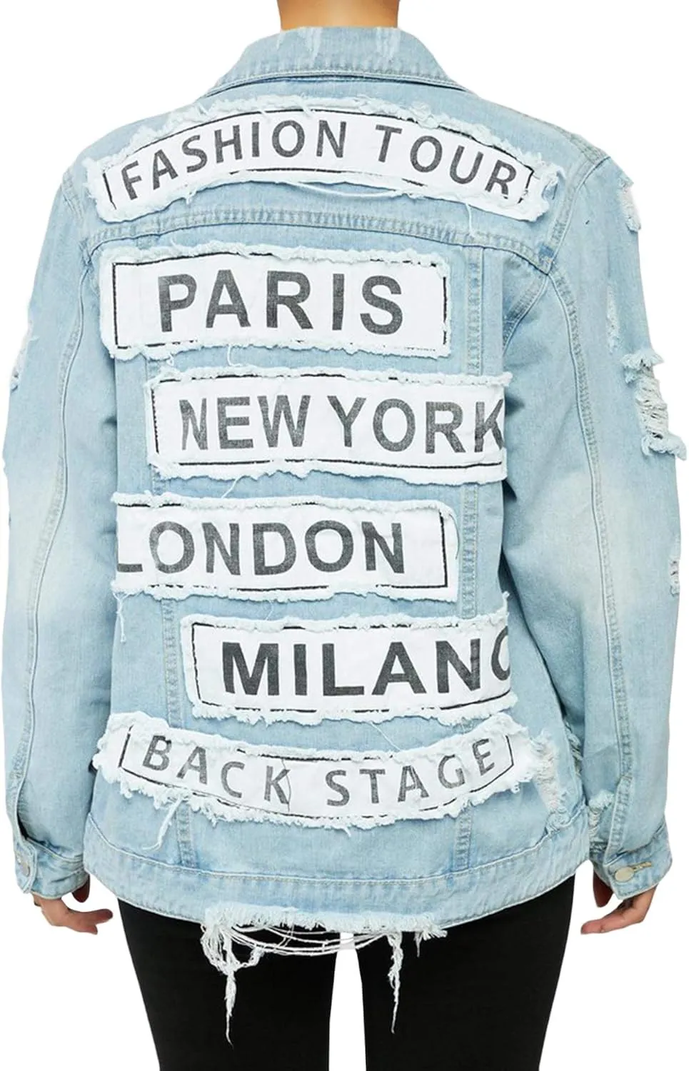 MACCHIASHINE Women's Letter Patchwork Long Sleeve Ripped Jean Jacket Sexy V Neck Loose Printed Distressed Denim Outfits