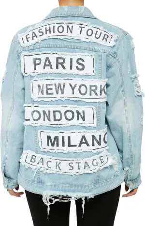 MACCHIASHINE Women's Letter Patchwork Long Sleeve Ripped Jean Jacket Sexy V Neck Loose Printed Distressed Denim Outfits