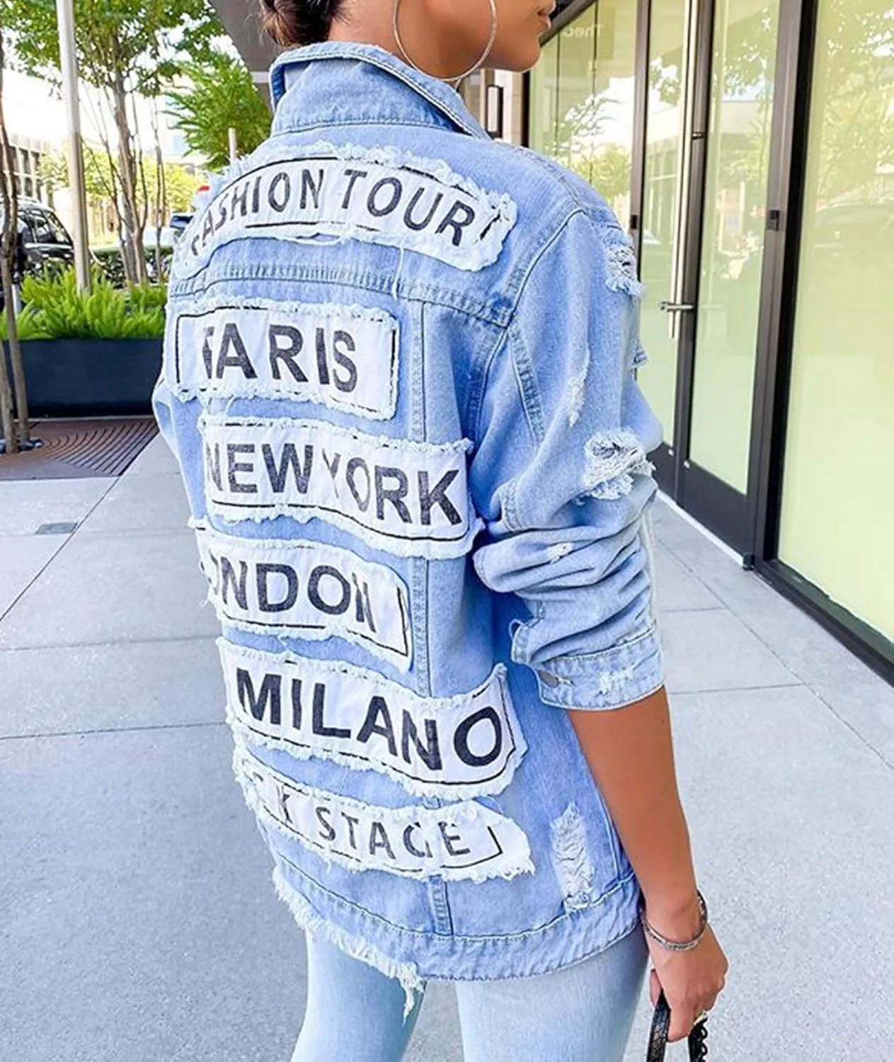 MACCHIASHINE Women's Letter Patchwork Long Sleeve Ripped Jean Jacket Sexy V Neck Loose Printed Distressed Denim Outfits
