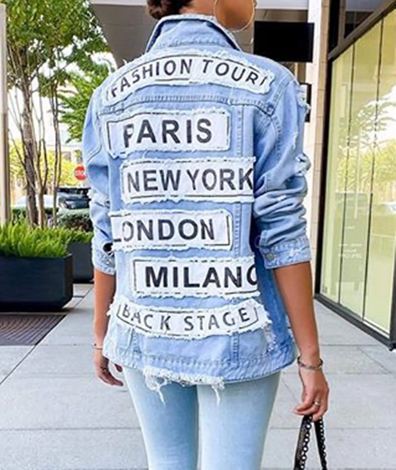 MACCHIASHINE Women's Letter Patchwork Long Sleeve Ripped Jean Jacket Sexy V Neck Loose Printed Distressed Denim Outfits