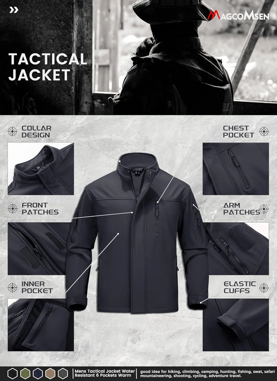 MAGCOMSEN Men's Tactical Jacket Water Resistant 6 Pockets Softshell Fleece Lining Hiking Winter Jacket Windbreaker Outwear