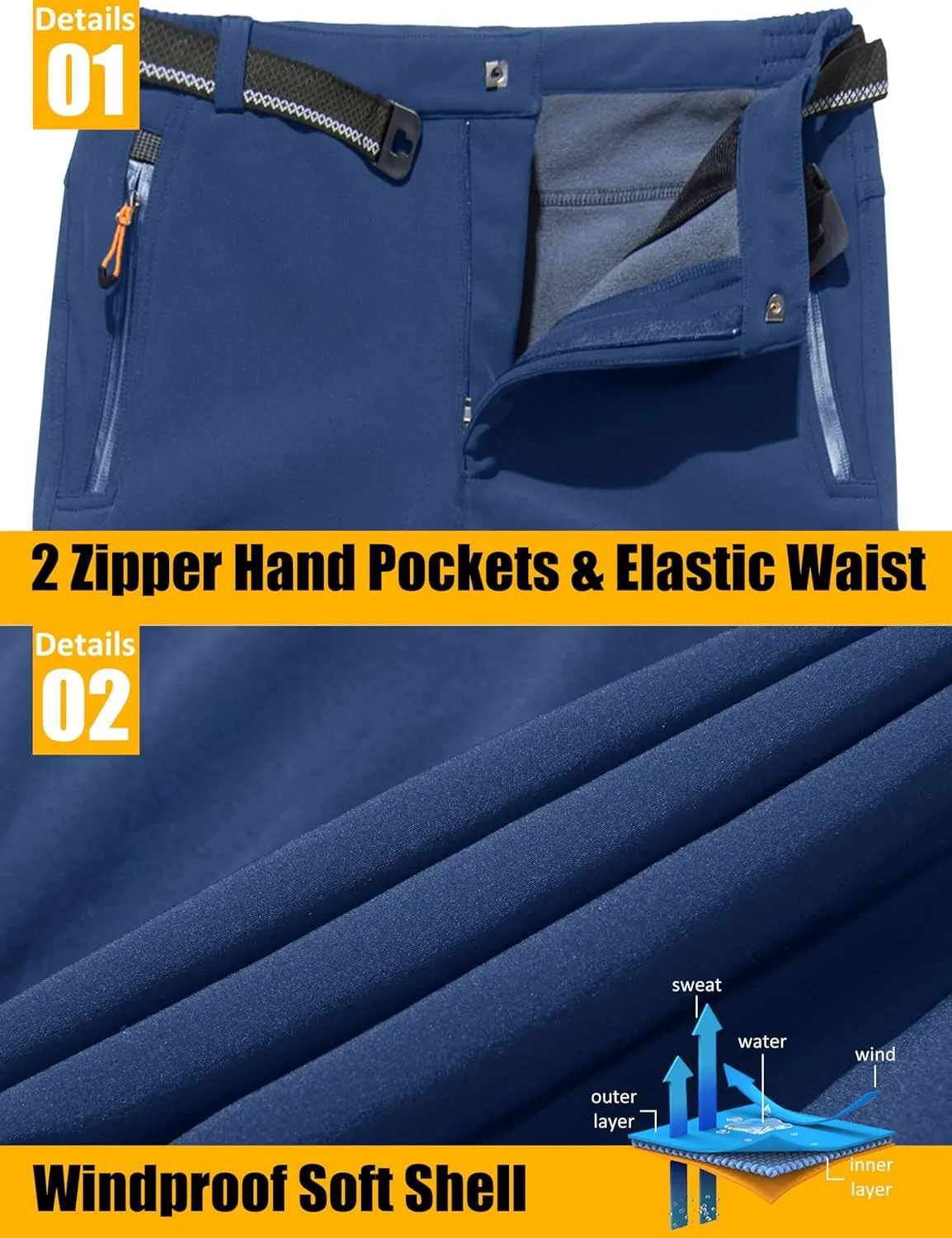 MAGCOMSEN Men's Winter Pants Fleece Lined Ski Snow Pants Water Resistant 4 Zip Pockets Outdoor Pants