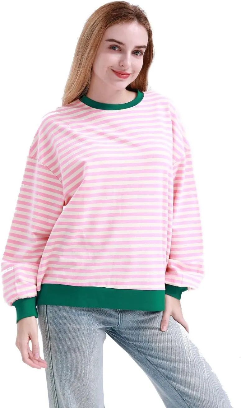 MAGICMK Womens Oversized Sweatshirt Long Sleeve Striped Crewneck Hoodies Shirts Trend Preppy Fall Women pullover tops