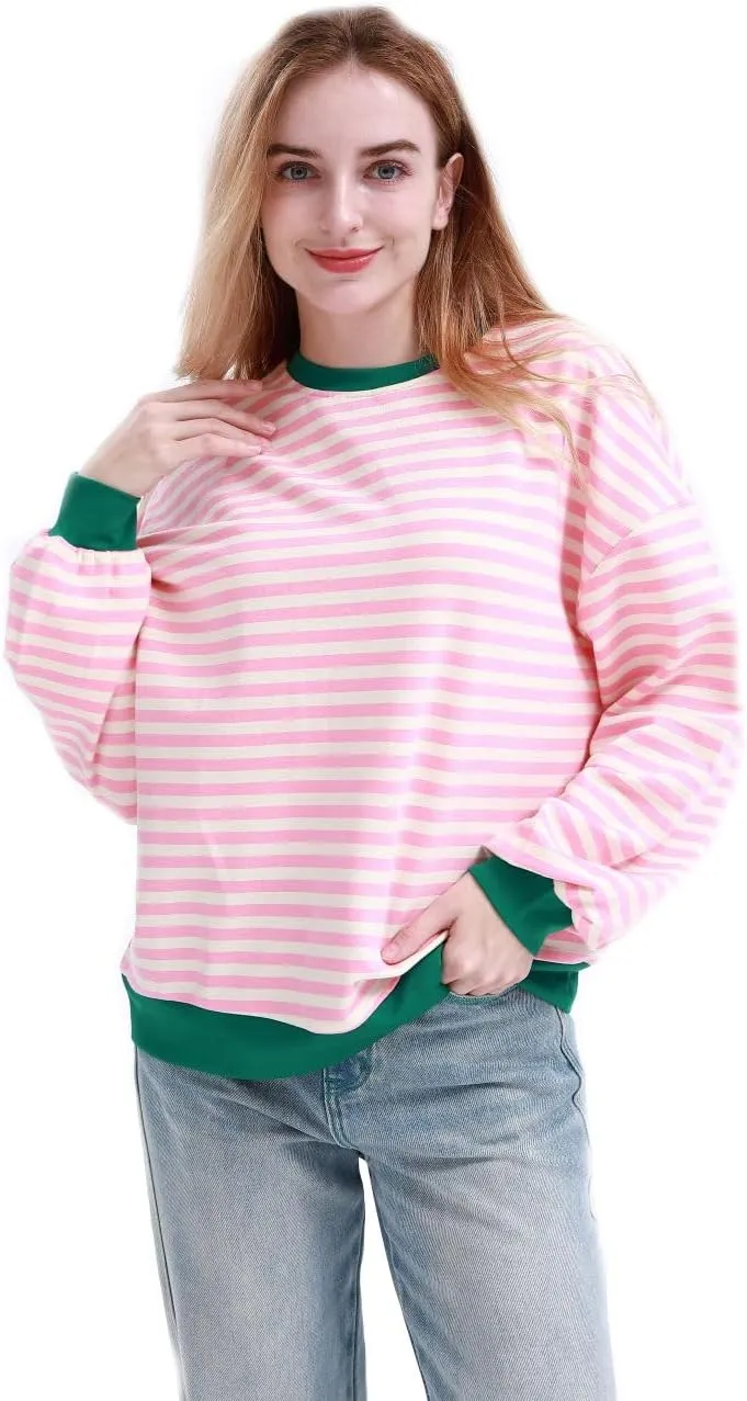 MAGICMK Womens Oversized Sweatshirt Long Sleeve Striped Crewneck Hoodies Shirts Trend Preppy Fall Women pullover tops