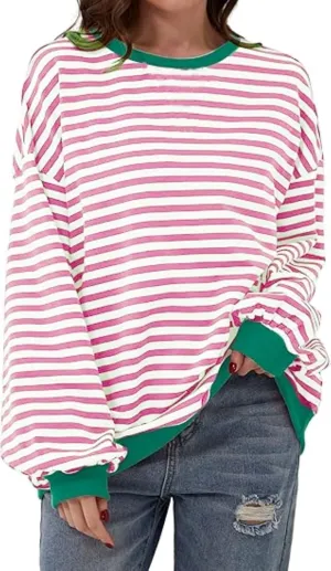 MAGICMK Womens Oversized Sweatshirt Long Sleeve Striped Crewneck Hoodies Shirts Trend Preppy Fall Women pullover tops