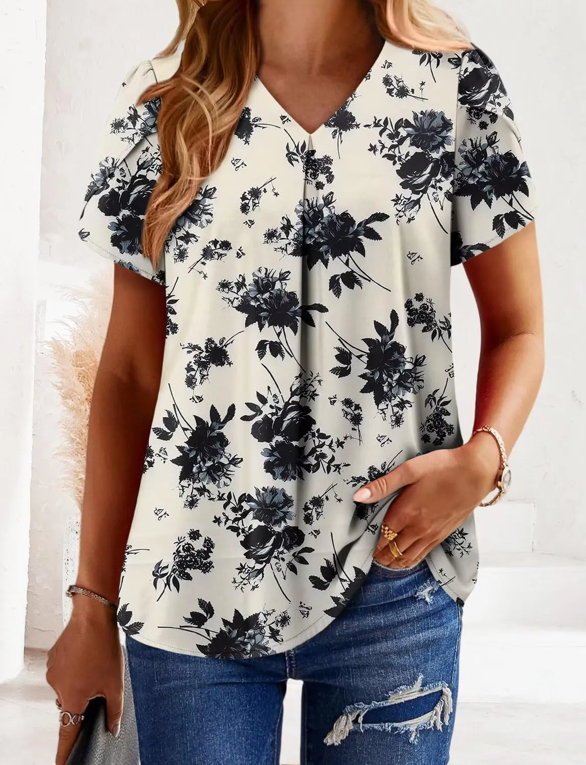 Magritta Womens Tops Dressy Casual Short Sleeve Pleated Tshirt 2025 Summer Loose Fitting Blouse Fashion V Neck Business Shirt